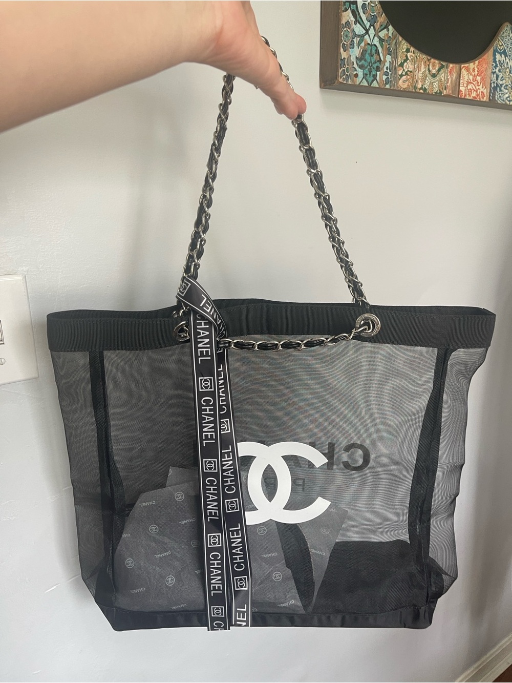 CHANEL Black Mesh Tote with Signature CC Logo and Chain-Strap